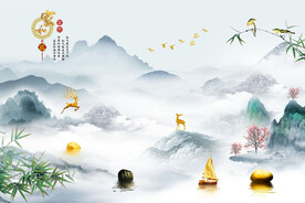 新中式家和富贵轻奢国画山水背景