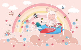 可爱卡通小羊飞行员儿童房背景墙