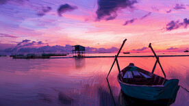 红色晚霞 船 油画