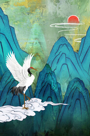 青山祥云仙鹤日出新中式装饰画