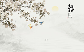 新中式山水情工笔花鸟画背景墙