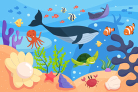 卡通海底世界可爱鲸鱼热带鱼背景