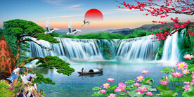 流水生财瀑布山水画