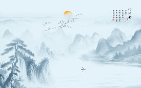 迎客松水墨山水背景墙