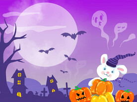 万圣节紫色背景卡通兔子扁平插画