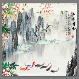山水画九鱼图