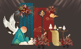 寿宴迎宾布置甜品区背景仙鹤假山