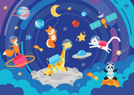 卡通太空宇宙可爱动物星球背景墙