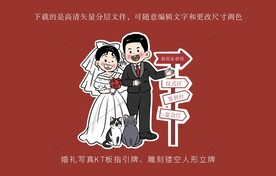 憨厚圆脸卡通手绘婚礼指引迎宾牌