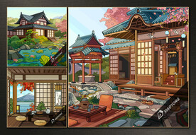 矢量手绘日式古典建筑