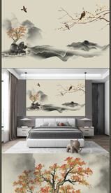 新中式轻奢楼阁背景壁画