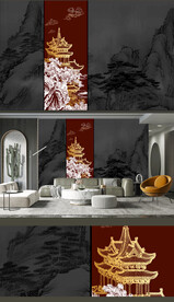 高清中式山水轻奢简约金线阁楼	