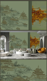 原创新中式轻奢水墨意境山水背景