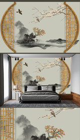 新中式楼阁山水背景轻奢壁画	 