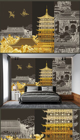 高清中式山水轻奢简约金线阁楼	