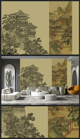 原创新中式轻奢楼阁山水背景壁画