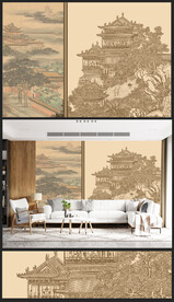 原创新中式轻奢楼阁山水背景壁画