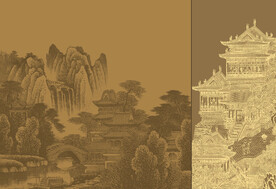 原创新中式轻奢楼阁山水背景壁画