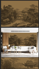 新中式轻奢楼阁山水背景壁画