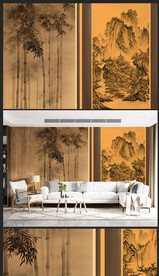 原创新中式轻奢楼阁山水背景壁画