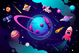 卡通太空星球宇宙星空火箭背景墙