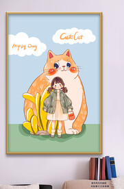 可爱卡通猫咪小女孩装饰画
