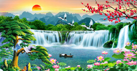 迎客松山水画瀑布装饰画