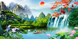 山水画瀑布迎客松