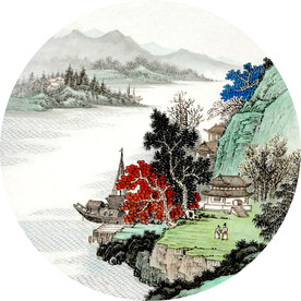新中式山水画水墨画圆形画