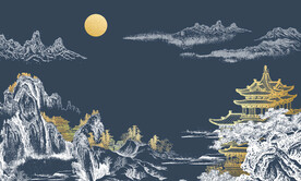 原创新中式轻奢楼阁山水背景轻奢