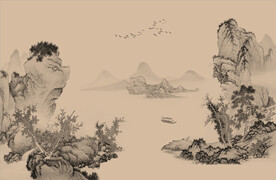 原创新中式禅意山水金色线条国画