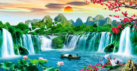 流水生财水瀑布山水画