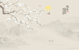 中式水墨山水花鸟画背景墙