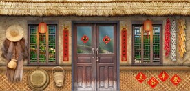 复古80后90后农村民居背景墙