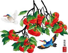 国画柿子矢量图