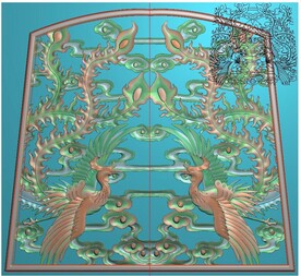 凤凰棺材挡板双凤精雕图灰度图