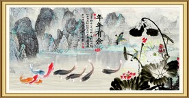 水墨荷花九鱼图