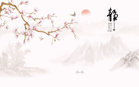 新中式宁静致远花鸟画背景墙