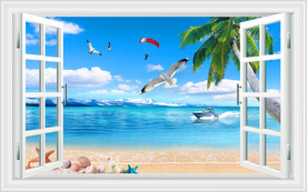 蓝天白云大海沙滩窗画