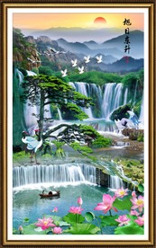 流水生财瀑布迎客松