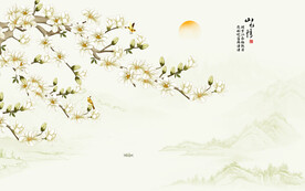 新中式工笔花鸟画床头背景墙