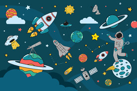 手绘宇航员卡通火箭星球太空背景