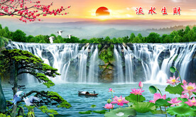 迎客松瀑布山水画