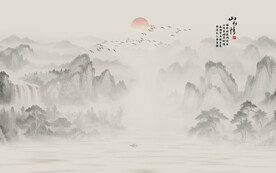 现代意境新中式山水背景壁画