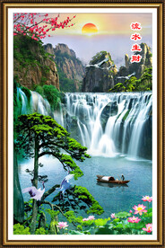 迎客松瀑布山水画