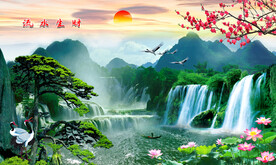 流水生财瀑布迎客松