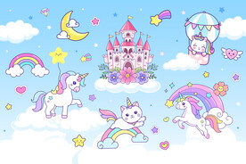 卡通城堡彩虹独角兽云朵星空背景