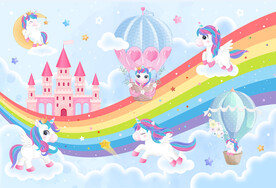 梦幻城堡卡通彩虹独角兽星空背景