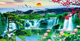 迎客松瀑布山水装饰画