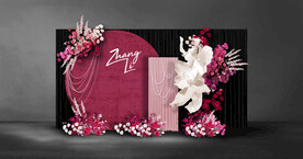 玫红色婚礼迎宾区